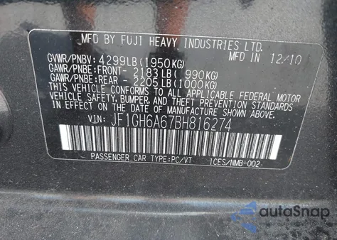 2011 Subaru Impreza 2.5I from USA, damaged, VIN JF1GH6A67BH816274